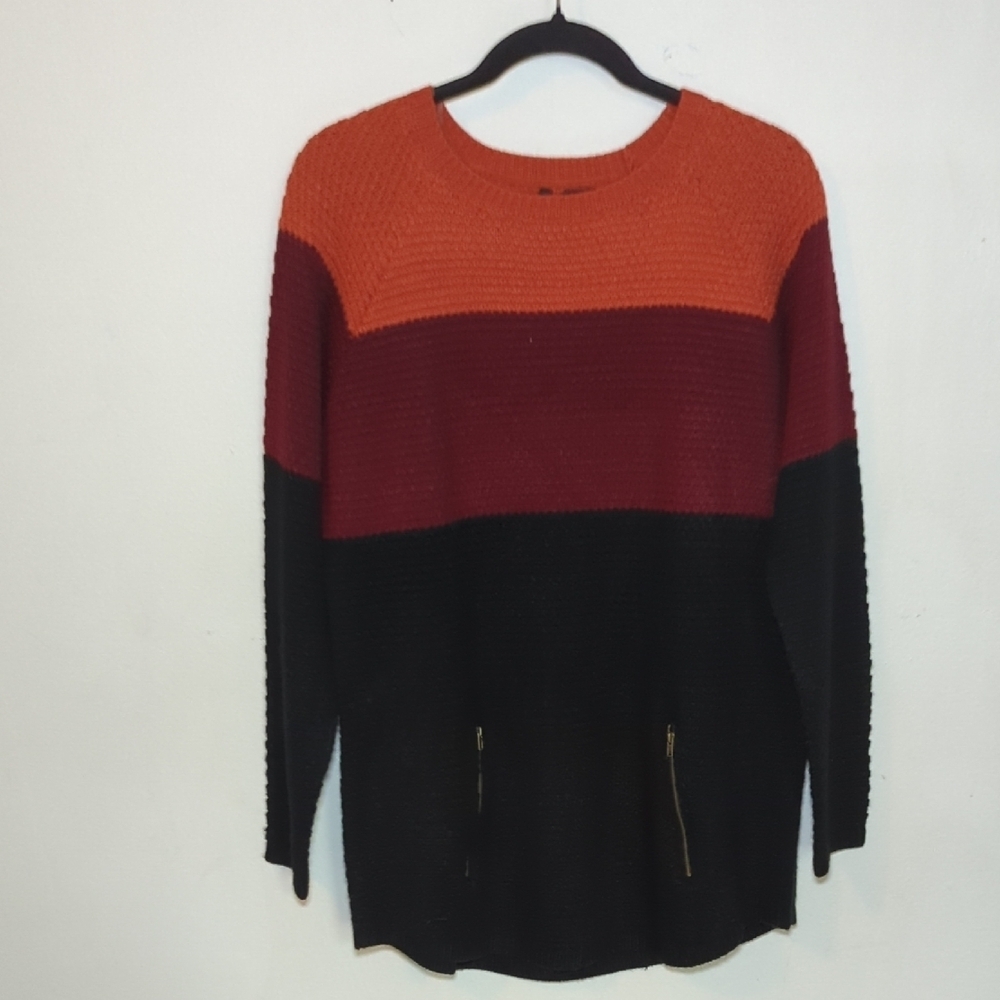 New Directions Fall Combo Colorblock Sweater Red Orange Black Women's Size L